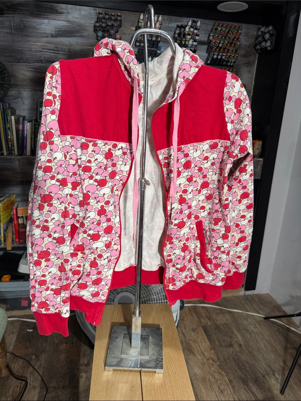 Pink and white apple print Panel Zip-Up Bomber Jacket with Hood